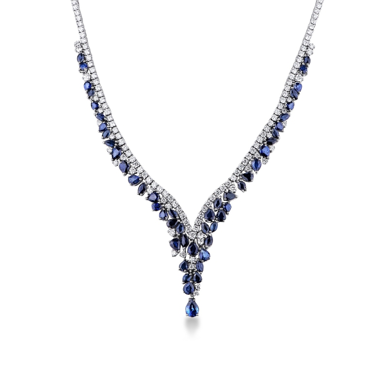 Collier en Y cascade en or blanc 18k avec saphirs bleus goutte et diamants