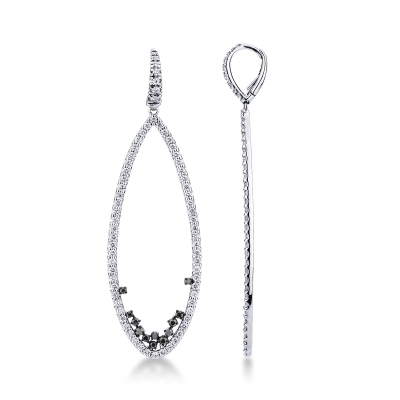 Boucles d’oreilles ovales en or blanc avec diamants blancs et noirs, 68 mm