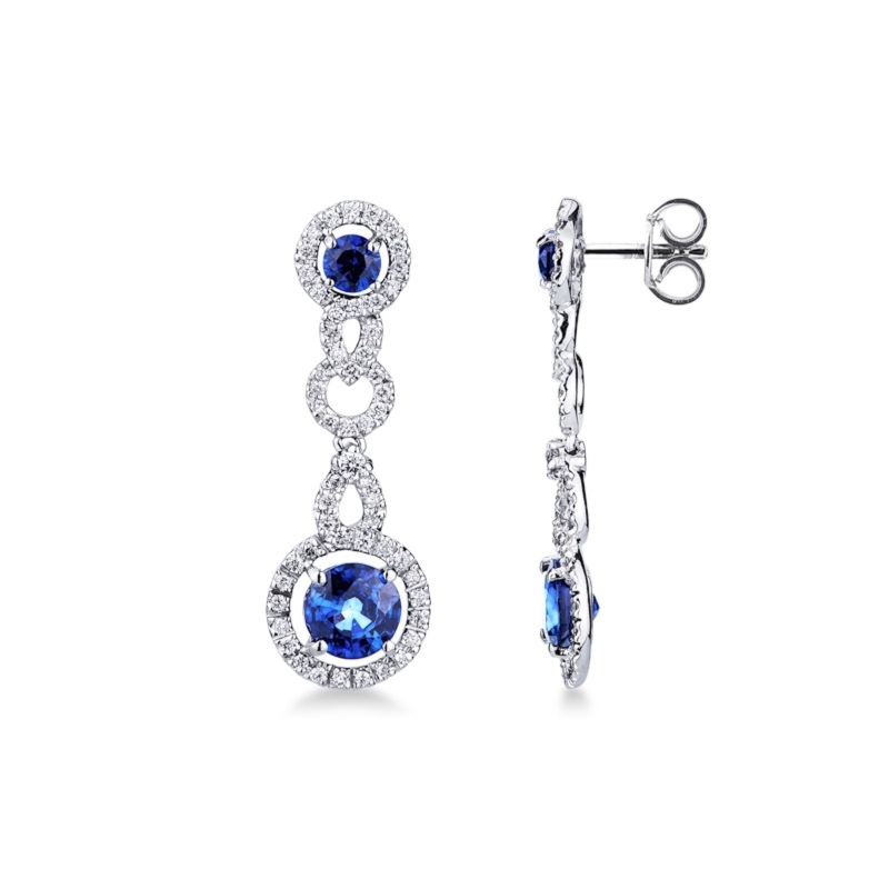 Boucles d'oreilles femme pendantes en or blanc 18k avec saphirs et diamants