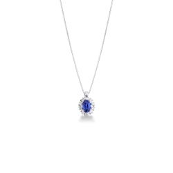 Collier halo en or blanc 18K saphir bleu 6x4 mm