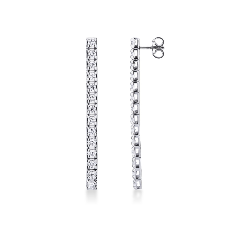 Boucles d'oreilles pendantes or blanc 750 avec rivière de diamants 