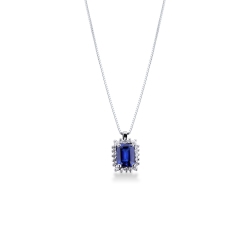 Collier en or blanc 18k saphir bleu taille émeraude et diamants