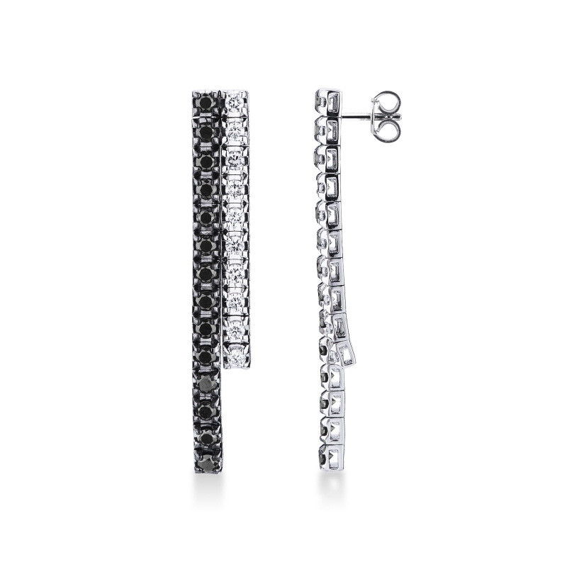Boucles d'oreilles tennis en or blanc 18k avec diamants blancs et noirs