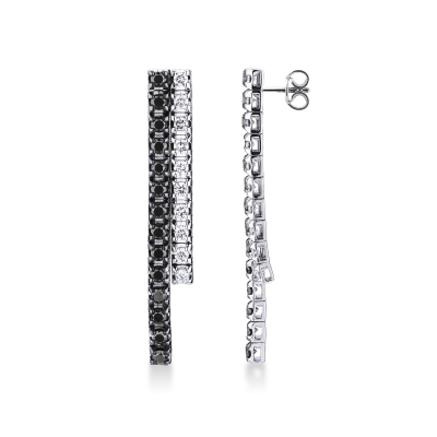 Boucles d'oreilles tennis en or blanc 18k avec diamants blancs et noirs