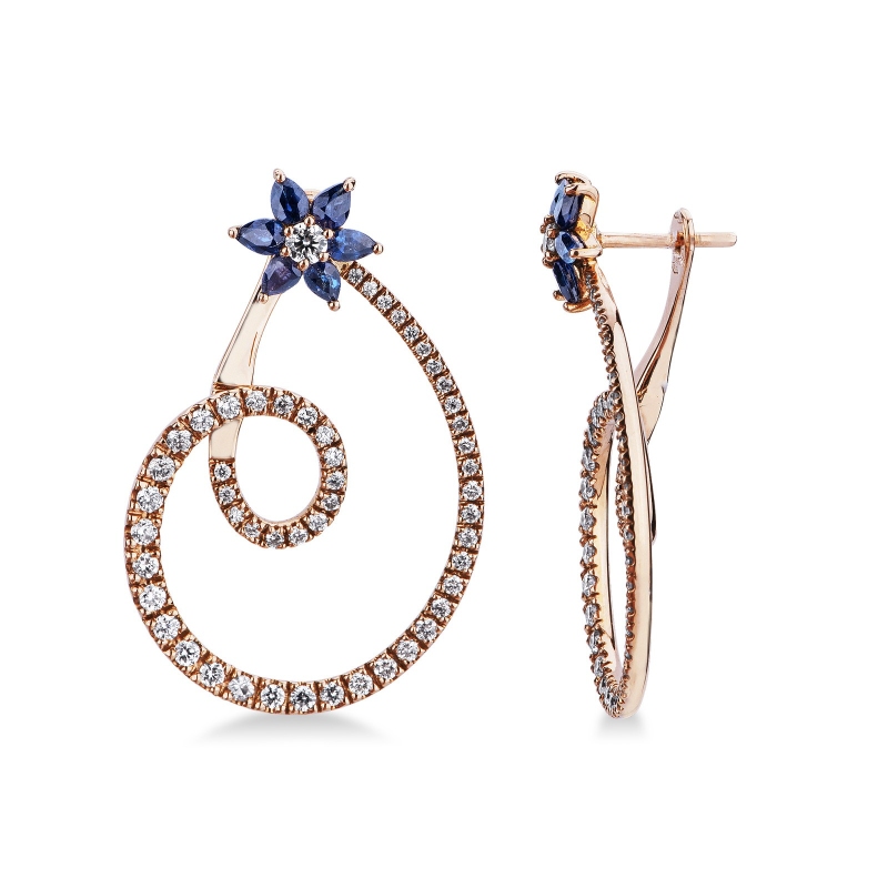 Boucles d'oreilles en or rose 18k avec fleur et saphirs bleus