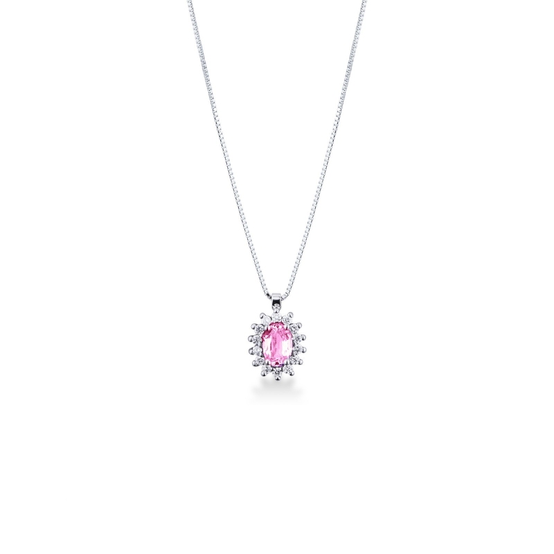 Collier en or blanc 18k avec pendentif orné d’un saphir rose