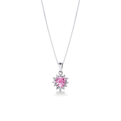 Collier en Or Blanc 18k avec Pendentif Cœur, Saphir Rose et Diamants