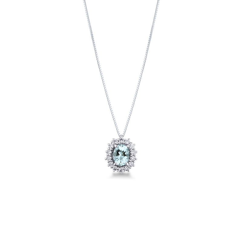 Collier en or blanc 18k avec aquamarine ovale et diamants
