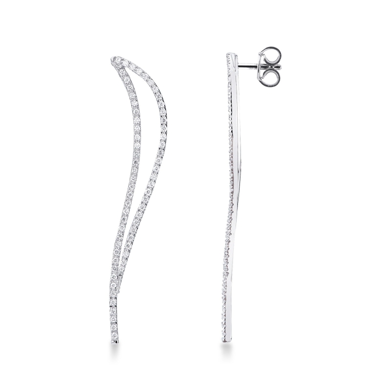 Boucles d’oreilles or blanc 18k design ondulé avec diamants