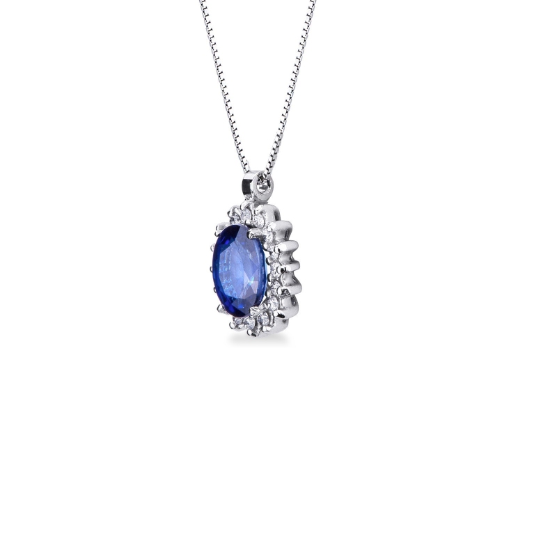 Collier en or blanc 18 carats avec saphir bleu et diamants
