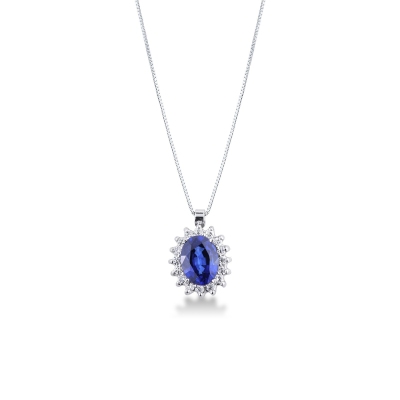Collier en or blanc 18 carats avec saphir bleu et diamants