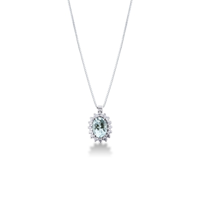 Collier pendentif en or blanc 18k avec halo diamants et aigue-marine ovale