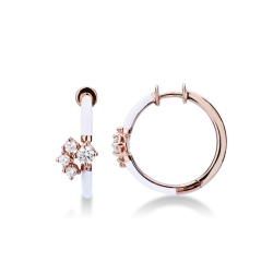 Boucles d’oreilles créoles en or rose 18k émaillées blanc avec diamants