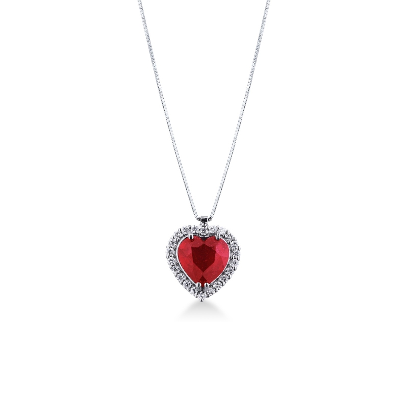 Collier en or blanc 18k avec cœur en diamants et rubis