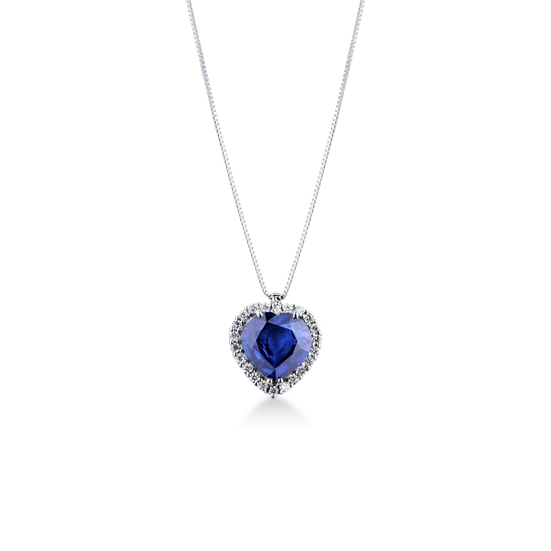 Collier en or blanc 18k avec cœur en diamants et saphir bleu