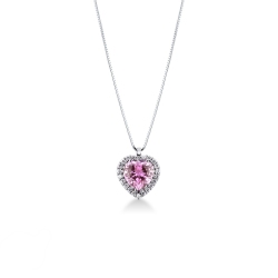 Collier en or blanc 18k avec cœur saphir rose et diamants