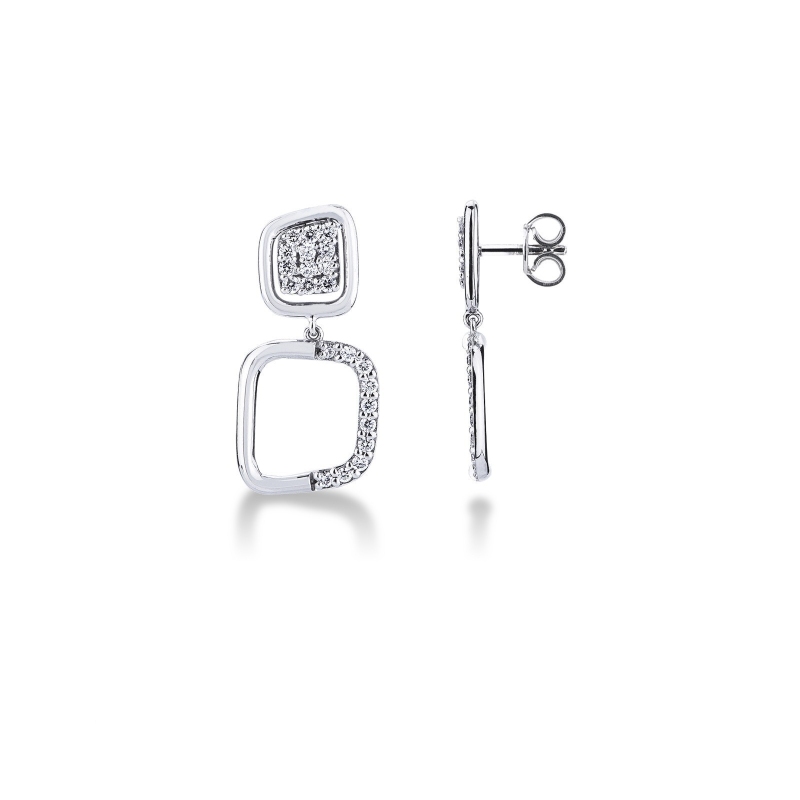 Boucles d’oreilles pendantes en or blanc 18k carrés et diamants