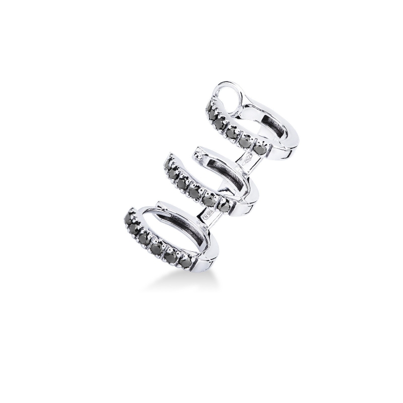 Mono boucle or blanc 18K 3 cercles diamants noirs