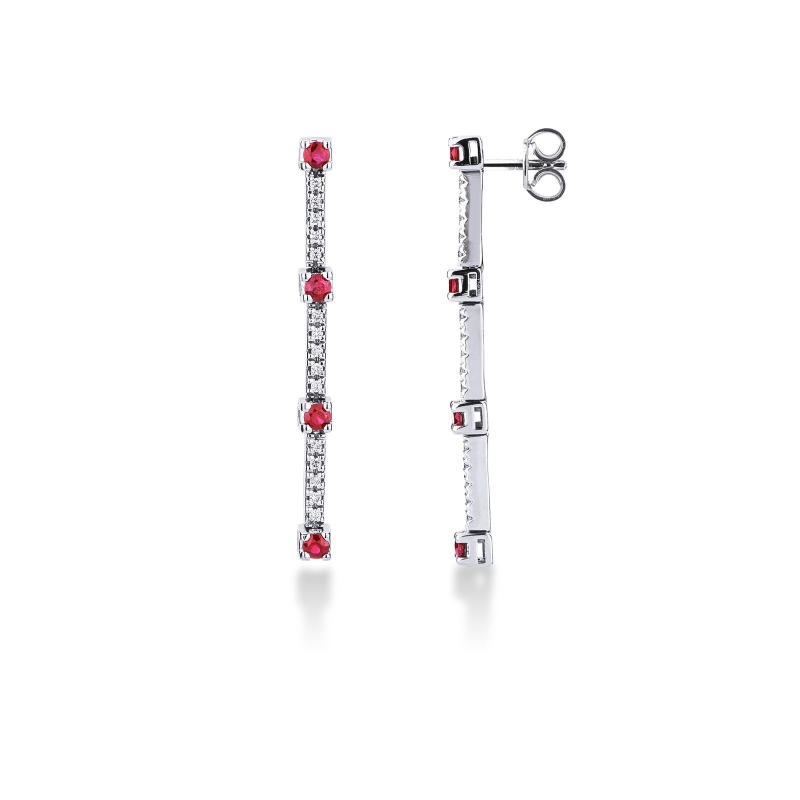 Boucles d'oreilles tennis en or blanc 18k avec des rubis et des diamants alternés