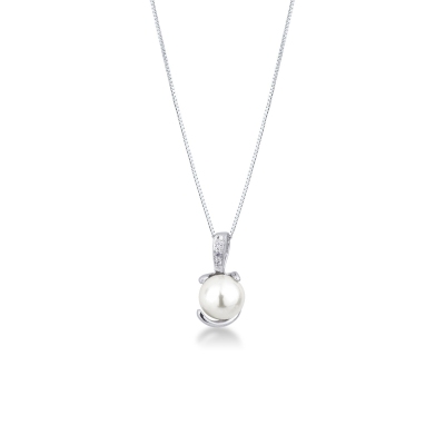 Collier en or blanc 18k avec diamants brillants et perle naturelle 7 mm