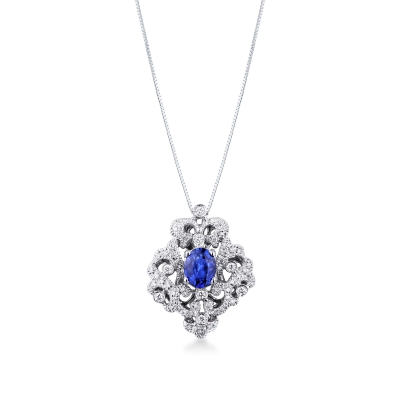 Collier en or blanc 18k avec pendentif rosace saphir bleu et diamants