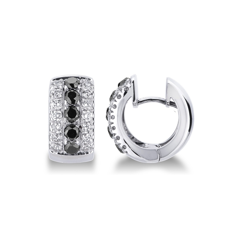 Créoles en Or Blanc 18k avec Diamants Noirs et Blancs