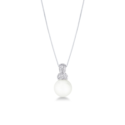 Collier en or blanc 18k avec diamants taille brillant et perle naturelle 
