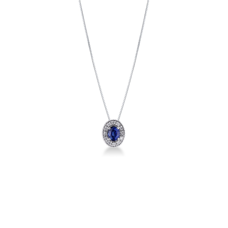 Collier en or blanc 18K saphir bleu et diamants latéraux