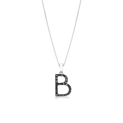 Collier en or blanc 18 carats avec pendentif lettre B gravée et diamants noirs