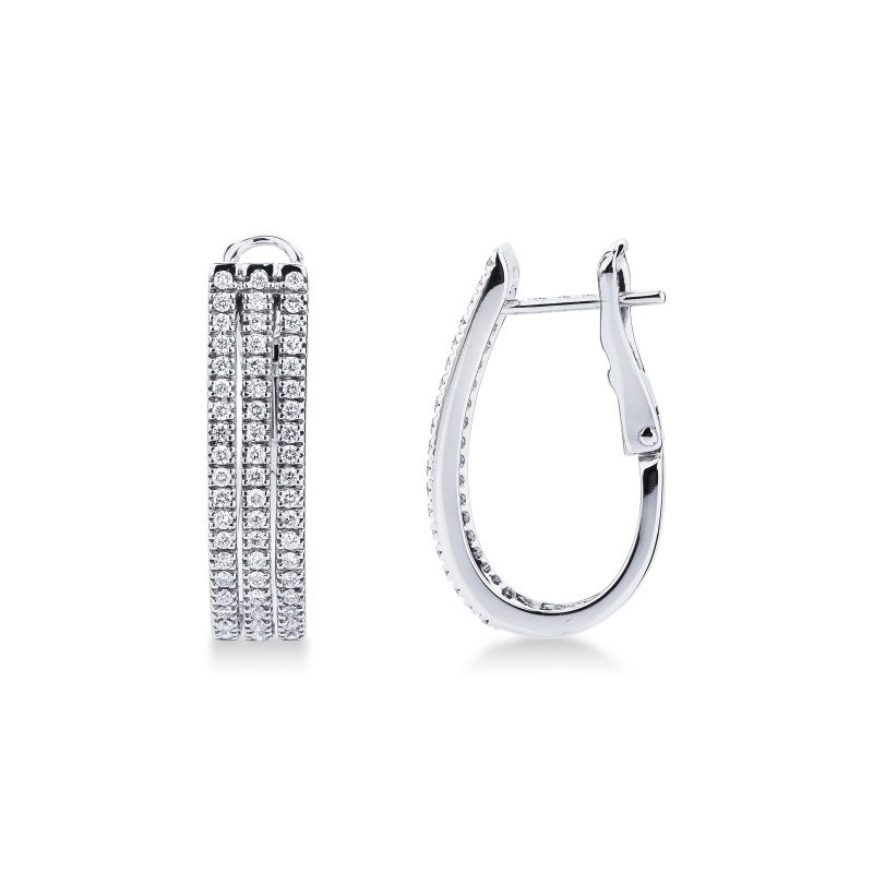 Boucles d'oreilles ovales or blanc 18k avec triple rangée diamants