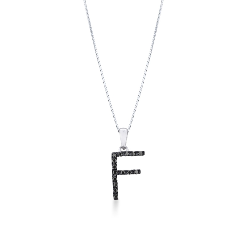 Collier or 18k avec pendentif lettre F serti en diamants noirs
