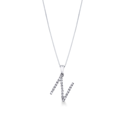 Collier en Or Blanc 18k avec Lettre N et Diamants