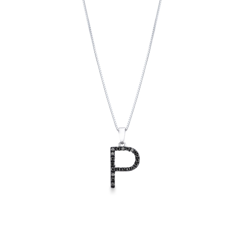 Collier pendentif lettre P or blanc et diamants noir