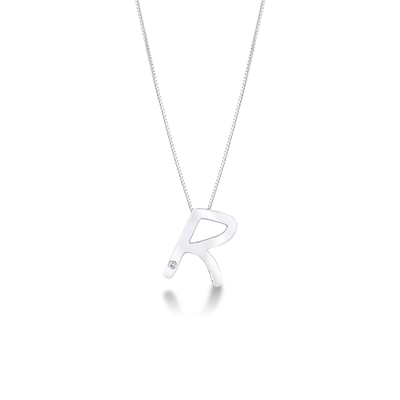Collier or blanc 18k lettre R diamant