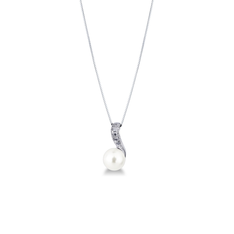 Collier en or blanc 18 carats avec diamants et perle naturelle cultivée
