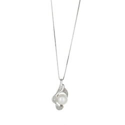 Collier en Or Blanc 18k avec Diamants et Perle Naturelle