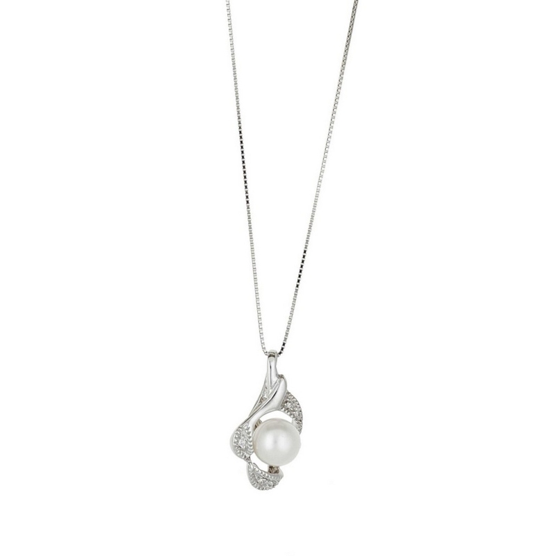 Collier en Or Blanc 18k avec Diamants et Perle Naturelle