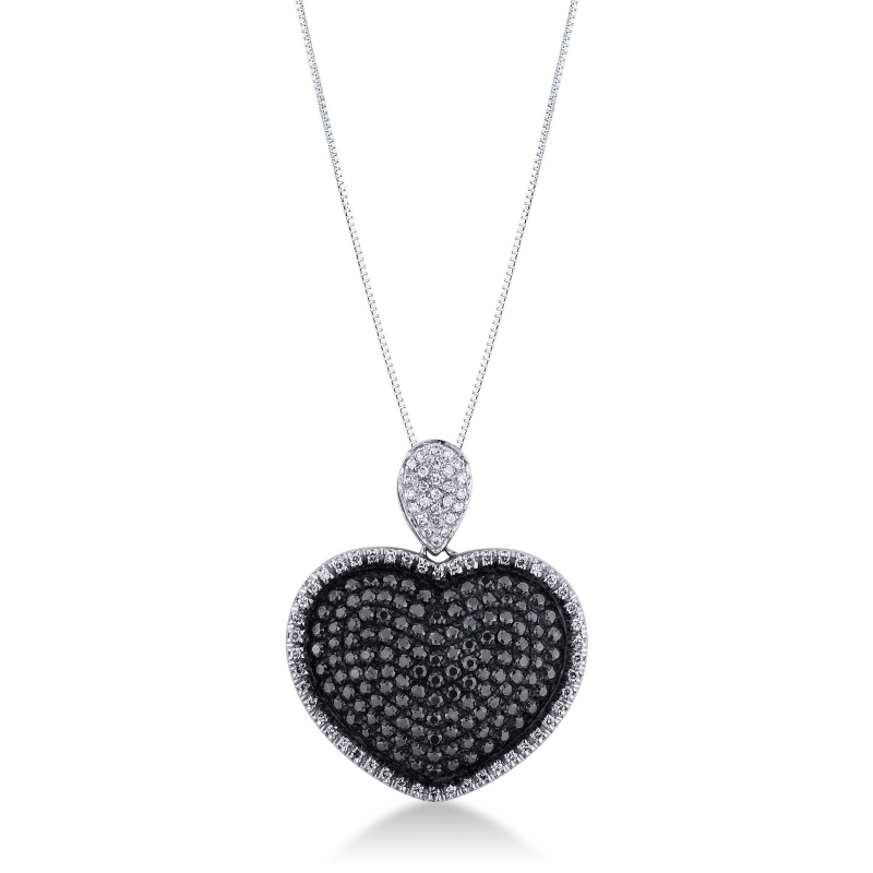 Collier en Or Blanc 18k cœur en Diamants Noirs et Blancs