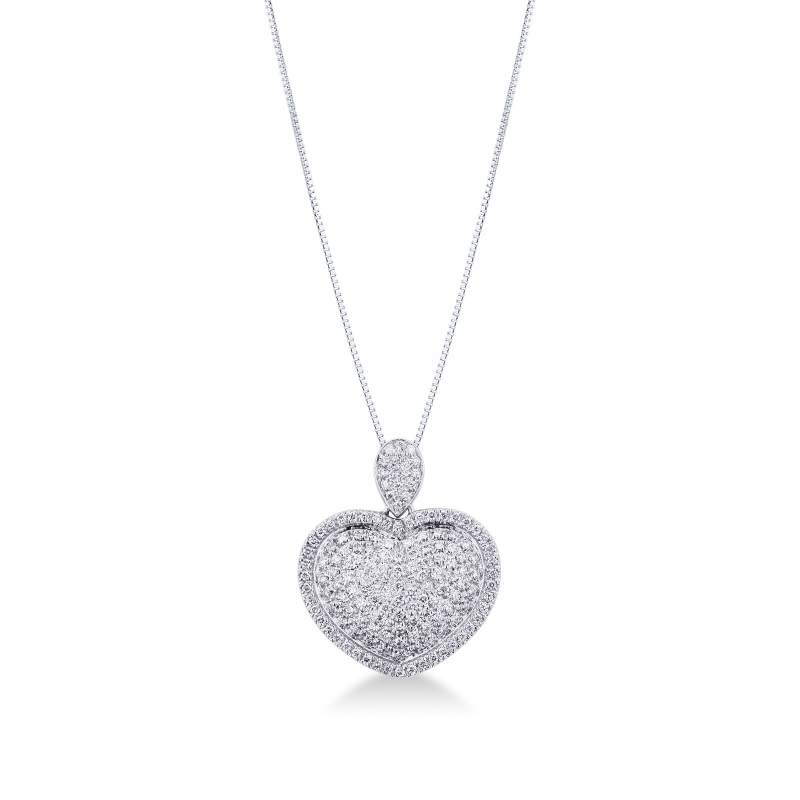 Pendentif en or blanc 18k en forme de coeur pavé de diamants