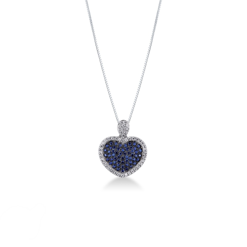 Collier Cœur Pavé Saphirs Bleus & Diamants Or Blanc 18k