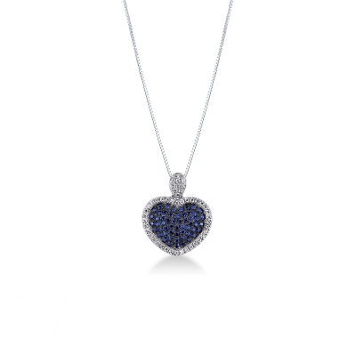Collier Cœur Pavé Saphirs Bleus & Diamants Or Blanc 18k