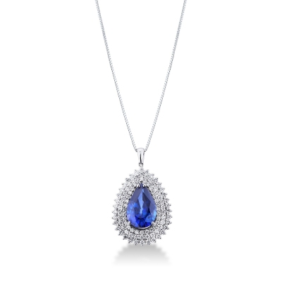 Collier en or blanc 18k avec saphir bleu et trois rangs de diamants