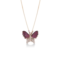 Collier pendentif papillon en or rose avec diamants et rubis
