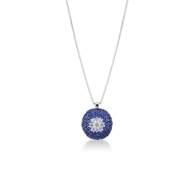 Collier avec pavé de saphirs bleus et diamants en or blanc 18k