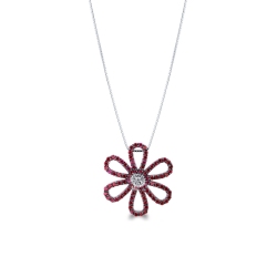 Collier en or blanc 18k avec pendentif fleur serti de rubis et diamants