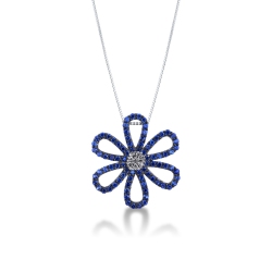 Collier en or blanc 750 avec fleur de saphirs bleus et diamants