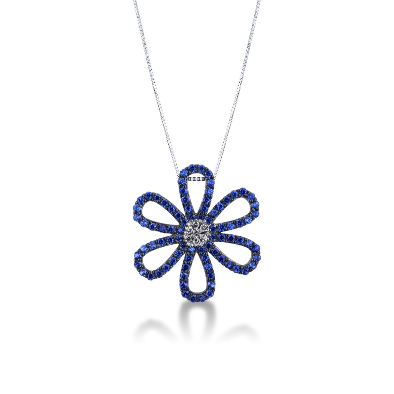 Collier en or blanc 750 avec fleur de saphirs bleus et diamants