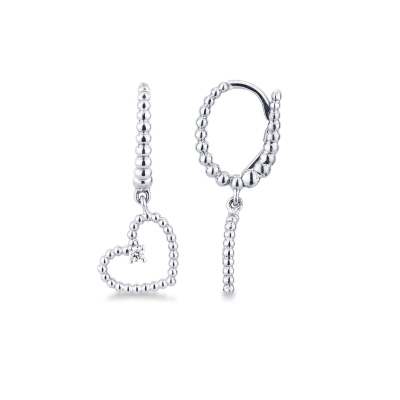 Boucles d’oreilles or blanc 18k cœurs pendentifs et diamants