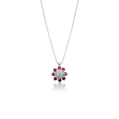 Collier en or blanc 18k en forme de fleur avec diamants et rubis