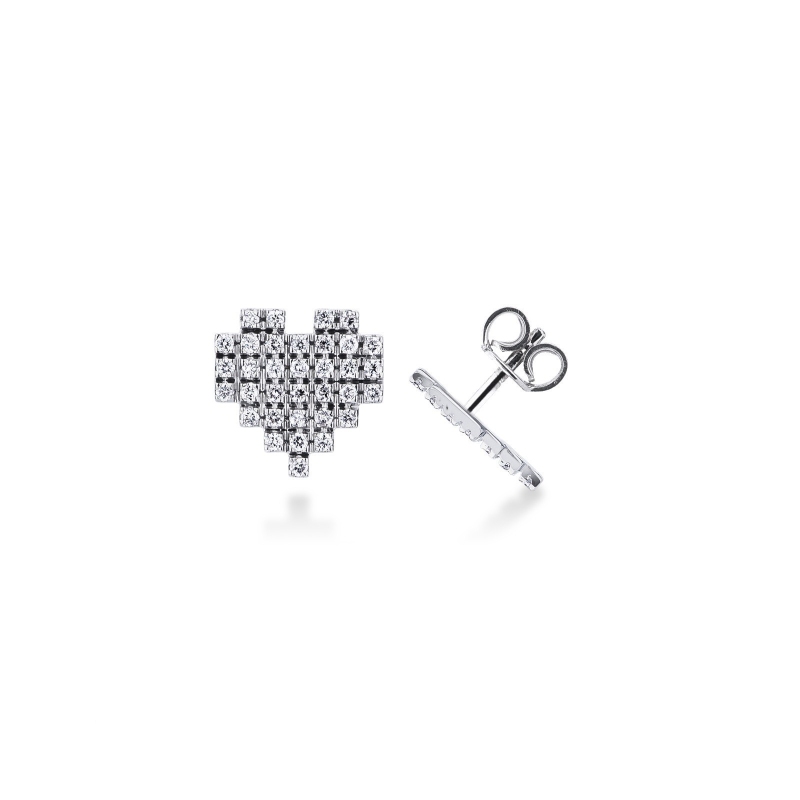 Boucles d’oreilles puces or blanc 18k cœur avec diamants